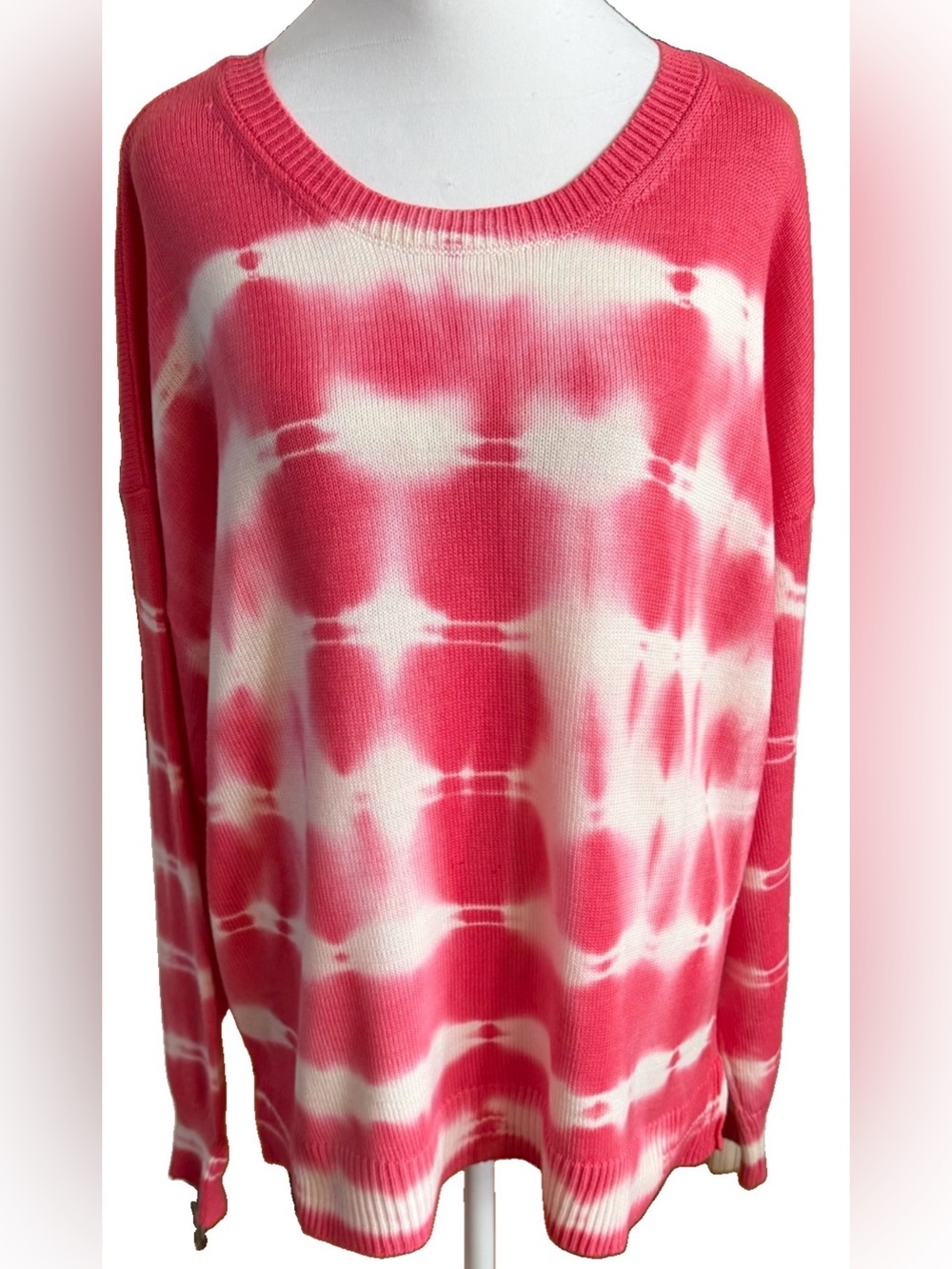 DESIGN HISTORY Pink + White Tie Dyed Crew Neck Long Sleeve Soft Sweater Size XXL